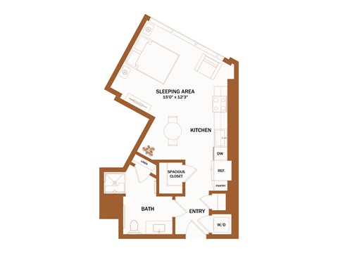 A floor plan of a room with a sleeping area, kitchen, bath, and entry.